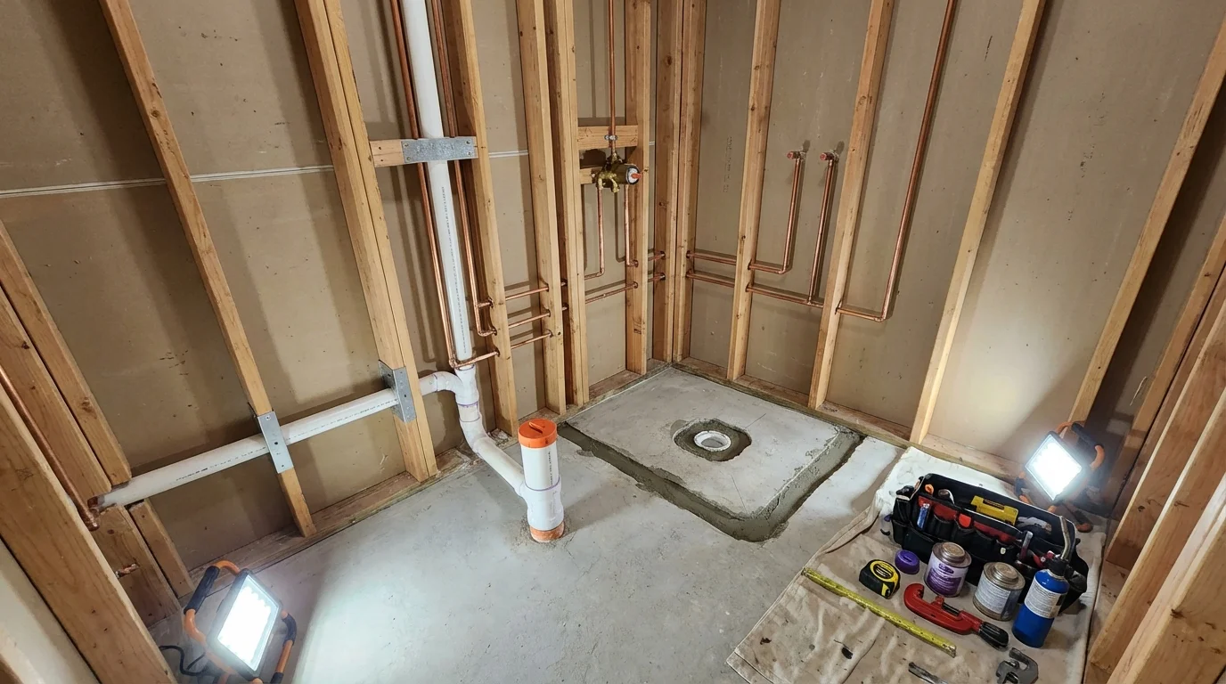 Bathroom rough-in plumbing during remodel by Johns Plumbing LLC in Sudbury