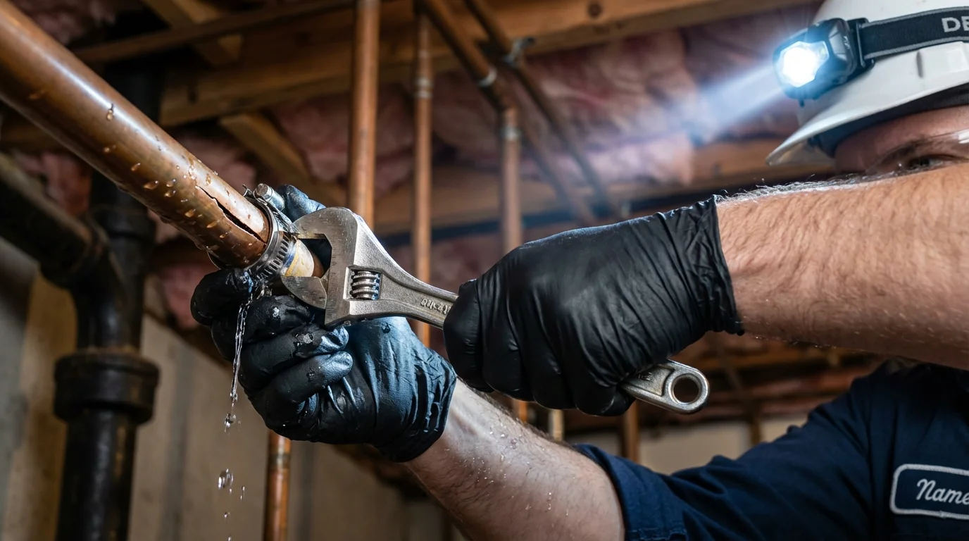 Emergency pipe clamp repair being performed by a Johns Plumbing LLC plumber in Sudbury