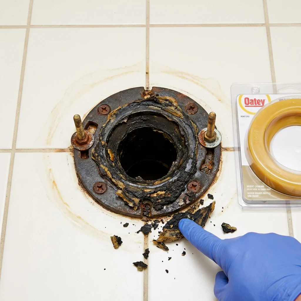 Failed wax ring showing water seepage at the base of a toilet in a Sudbury, MA home