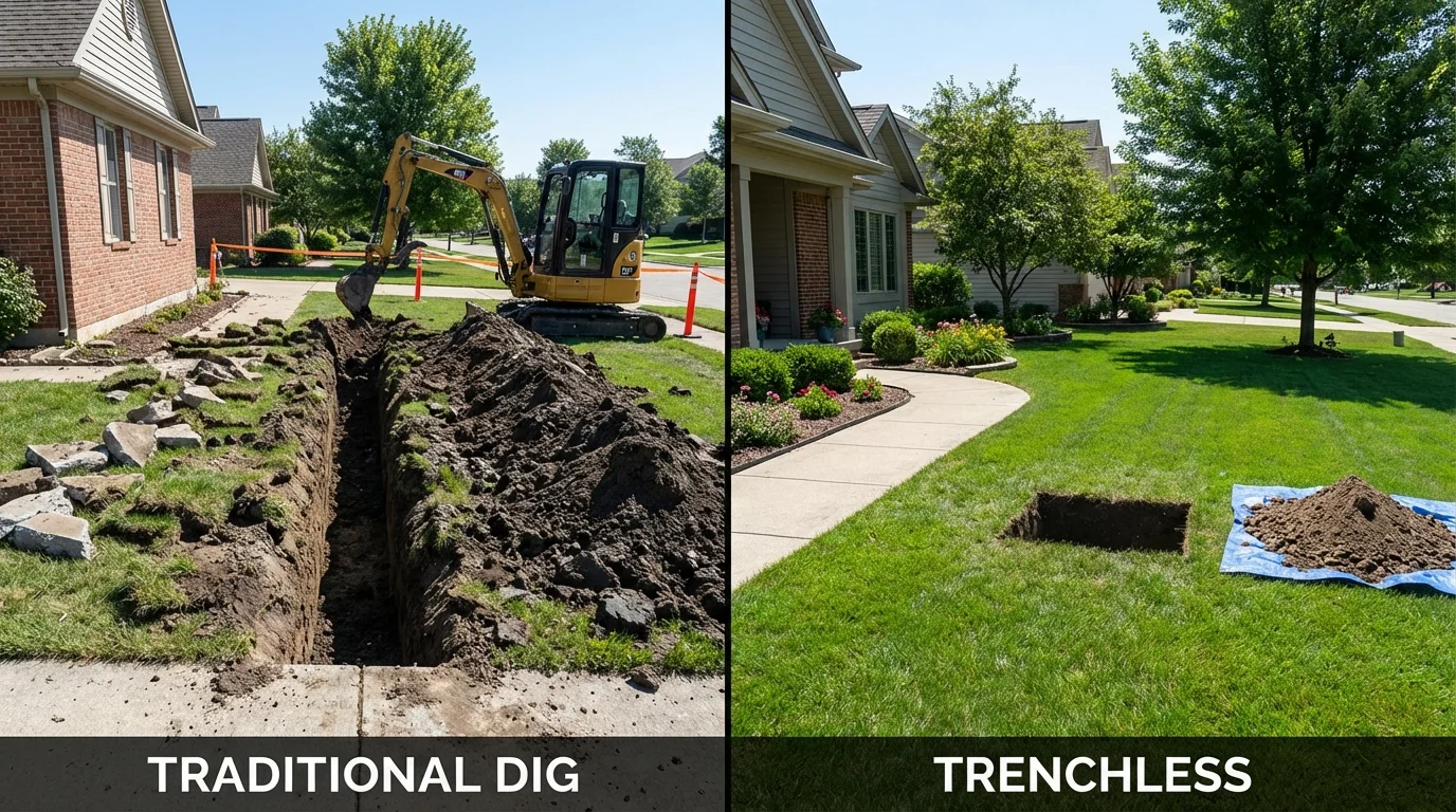 Trenchless sewer repair with minimal yard damage versus traditional excavation in Sudbury, MA