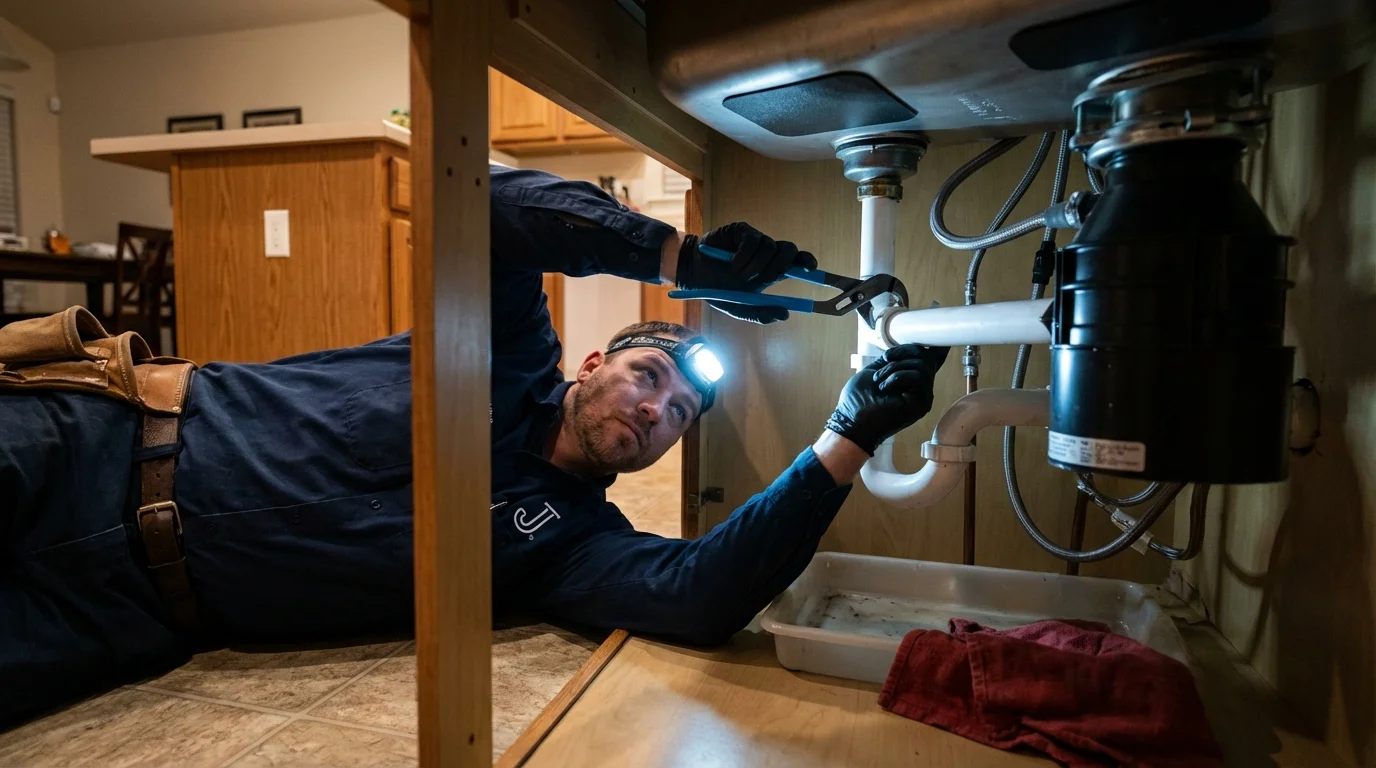 P-trap and supply line connections under a kitchen sink showing a common leak point in Sudbury, MA